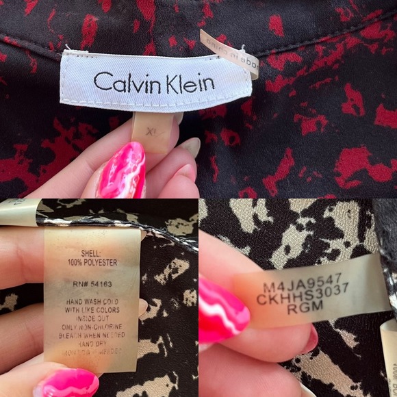 Calvin Klein Women XL Red Black Snakeskin Print Roll Tab Sleeve Button Front Top - Picture 4 of 16